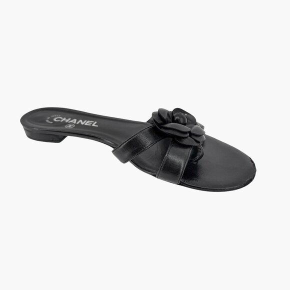 Chanel Camellia CC Flat Thong Slide Sandals Black Leather Size 40.5 US 9.5-10 - Picture 13 of 15